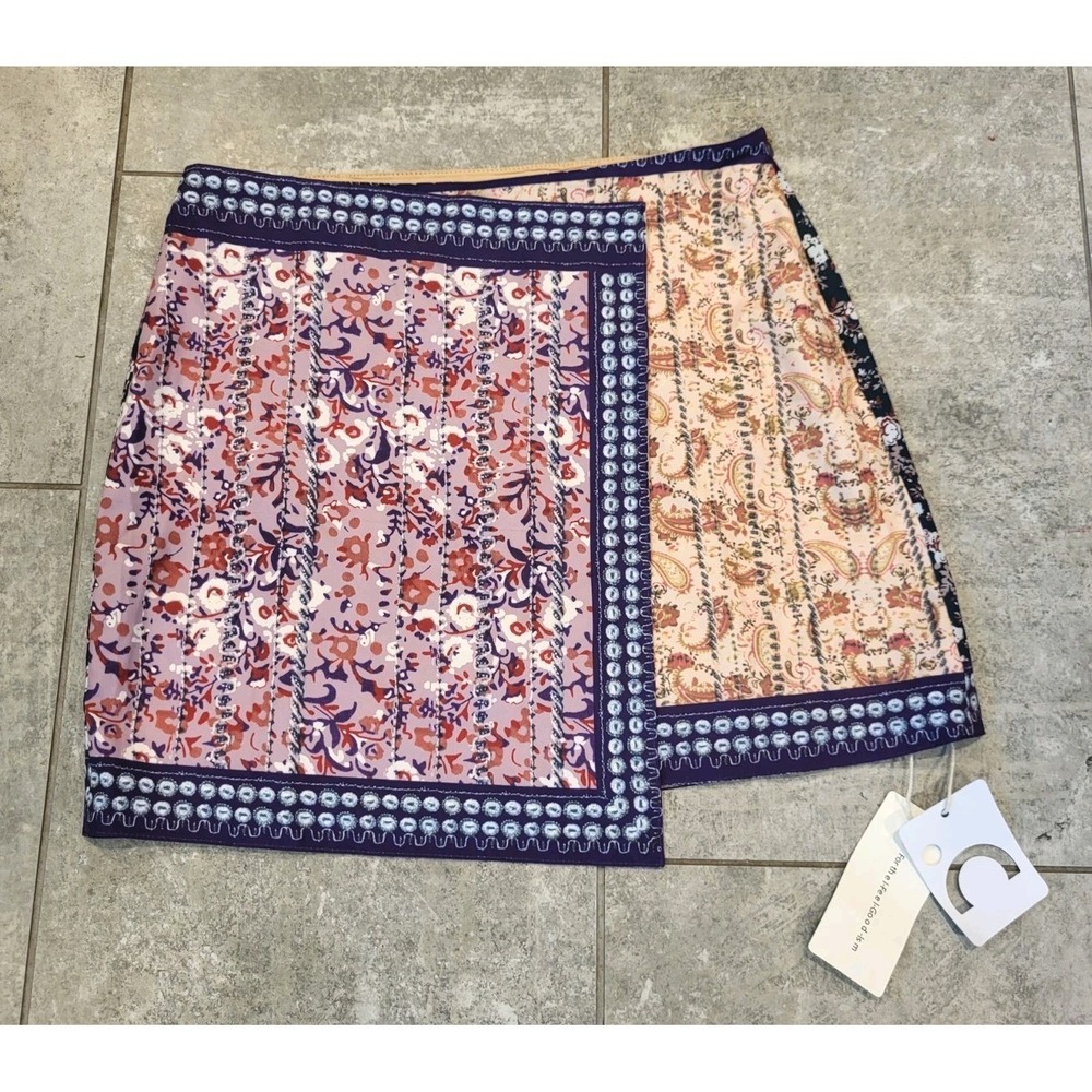 New Commense Multicolor Floral Patchwork Faux Wrap Mini Skirt Sz M